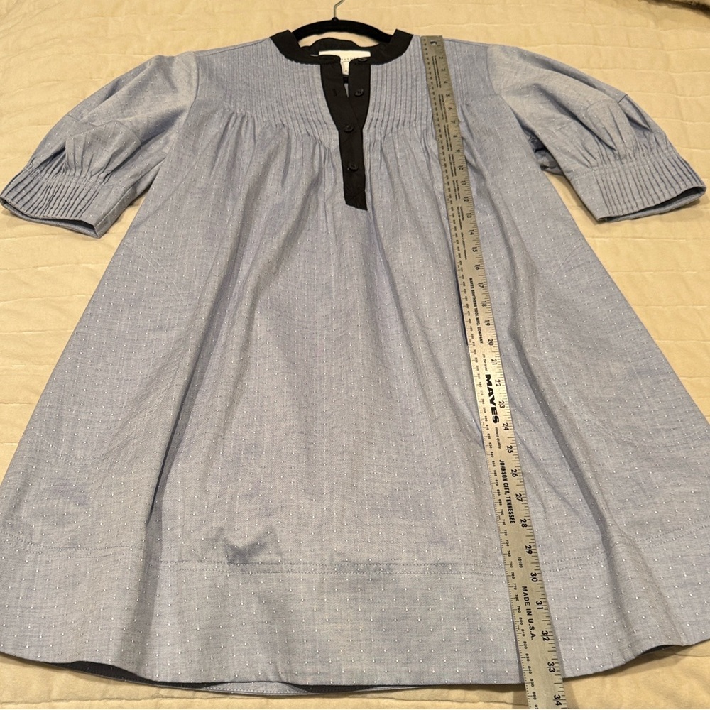 Pomander Place Blue Annalee Dress w Black Trim Babydoll Pleated Yoke Collar Puff - Picture 14 of 15
